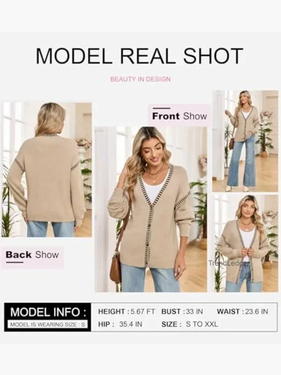 Oversized Button Front Cardigan Sweater Long Sleeve Striped Trim Fall Winter - Picture 4 of 7